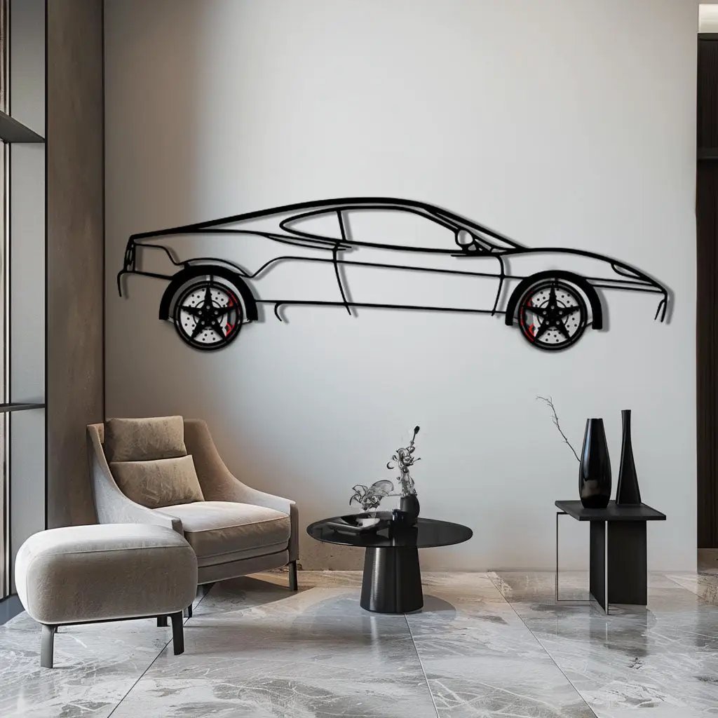 Ferrari 360 Modena Metal Car Wall Art with Rotating Wheels - Italian V8 Supercar Silhouette - Interactive Automotive Decor - KAFMEKA122 by Enova Art