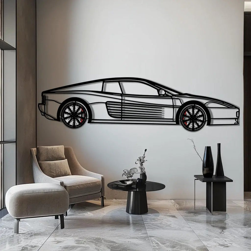 Ferrari Testarossa Metal Car Wall Art with Rotating Wheels - Iconic 80s Supercar Silhouette - Interactive Retro Automotive Decor - KAFMEKA136 by Enova Art