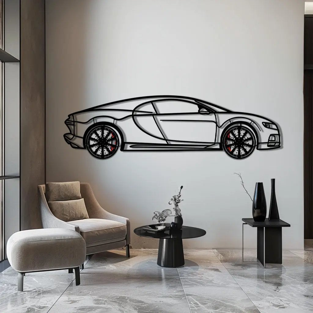 Bugatti Chiron Metal Car Wall Art with Rotating Wheels - Ultimate Hypercar Silhouette Decor - Interactive Automotive Wall Art - KAFMEKA116 by Enova Art