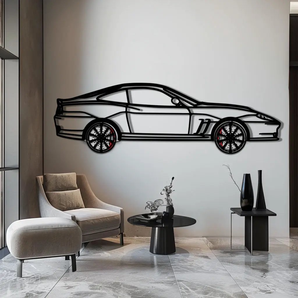 Ferrari 550 Maranello Metal Car Wall Art with Rotating Wheels - V12 Grand Tourer Silhouette - Interactive Automotive Wall Decor - KAFMEKA129 by Enova Art