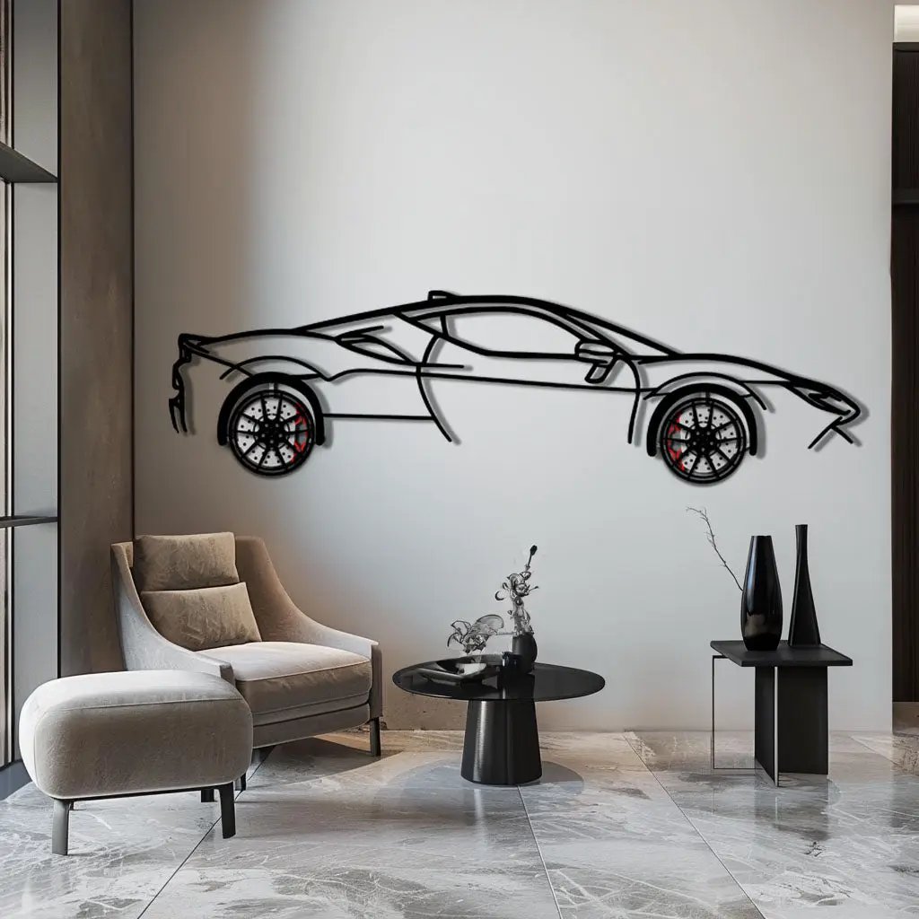 Ferrari SF90 Stradale Metal Car Wall Art with Rotating Wheels - Hybrid Hypercar Silhouette - Interactive Automotive Wall Decor - KAFMEKA135 by Enova Art