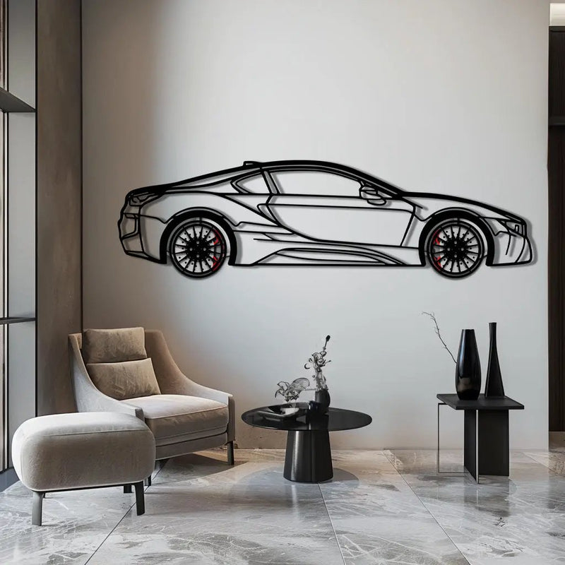 BMW i8 Metal Car Wall Art with Rotating Wheels - Futuristic Hybrid Supercar Silhouette - Interactive Automotive Decor - KAFMEKA106 by Enova Art