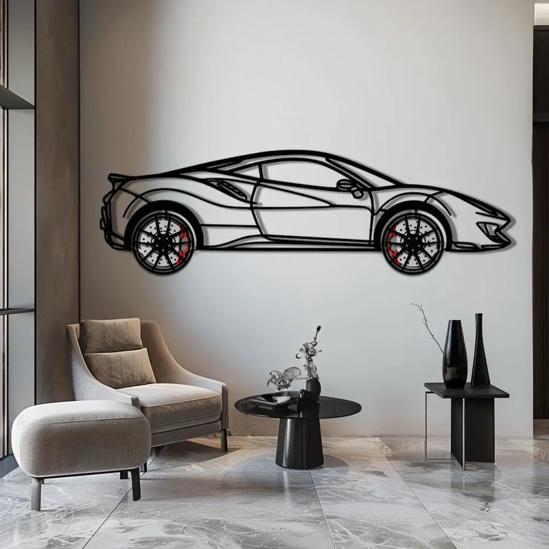 Ferrari 488 Pista Metal Car Wall Art with Rotating Wheels - Track-Focused Italian V8 Silhouette - Interactive Automotive Wall Decor - KAFMEKA128 by Enova Art