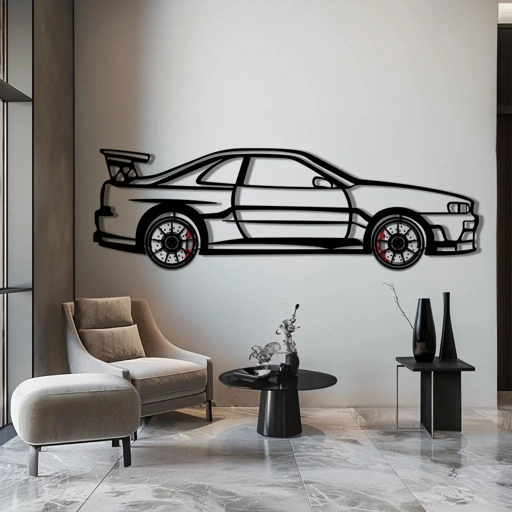 Nissan Skyline GT-R R34 Metal Car Wall Art with Rotating Wheels - "Godzilla" JDM Legend Silhouette - Interactive Automotive Wall Decor - KAFMEKA152 by Enova Art