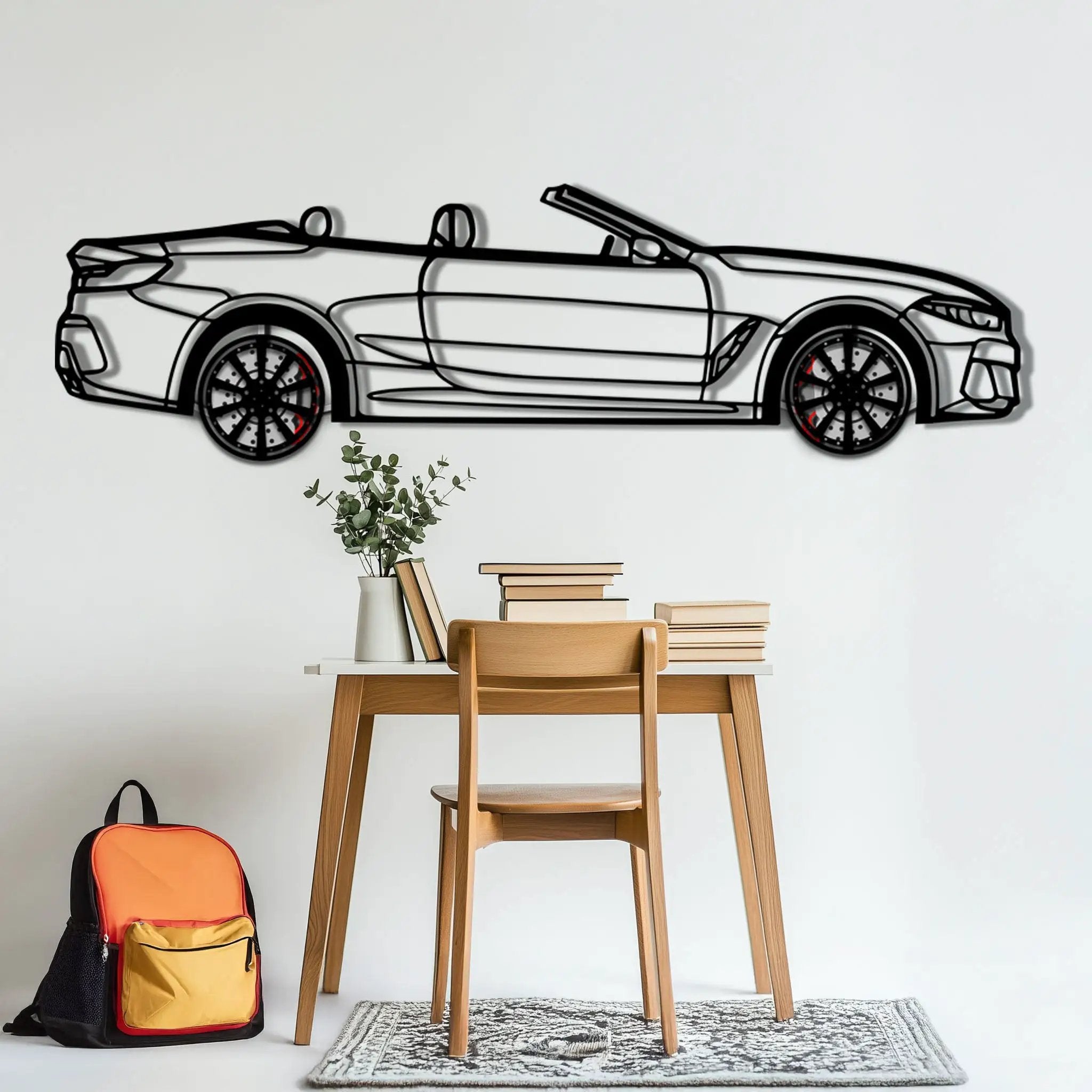 BMW 850i Metal Car Wall Art with Rotating Wheels - Luxury Grand Tourer Silhouette - Interactive Automotive Wall Decor - KAFMEKA105 by Enova Art