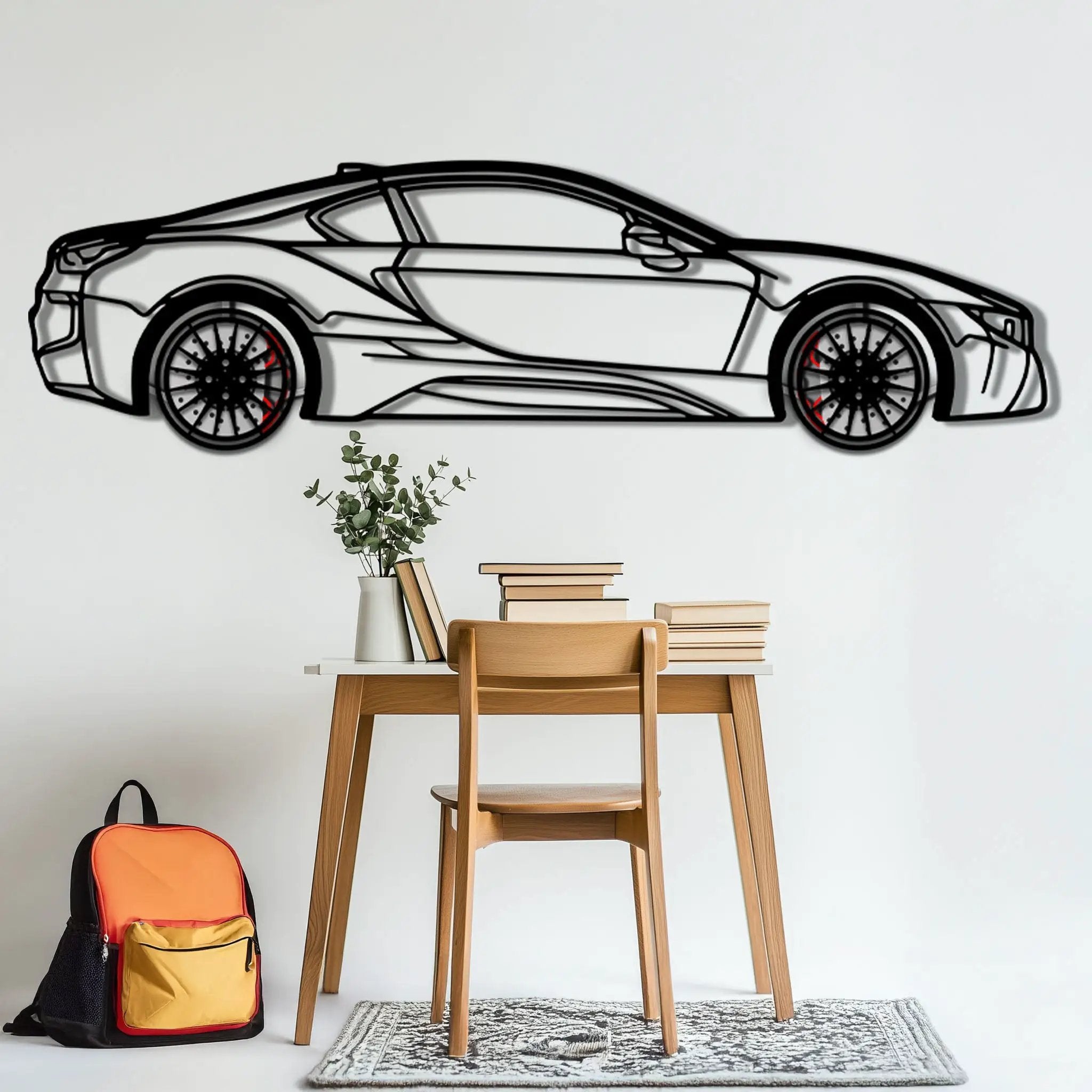 BMW i8 Metal Car Wall Art with Rotating Wheels - Futuristic Hybrid Supercar Silhouette - Interactive Automotive Decor - KAFMEKA106 by Enova Art