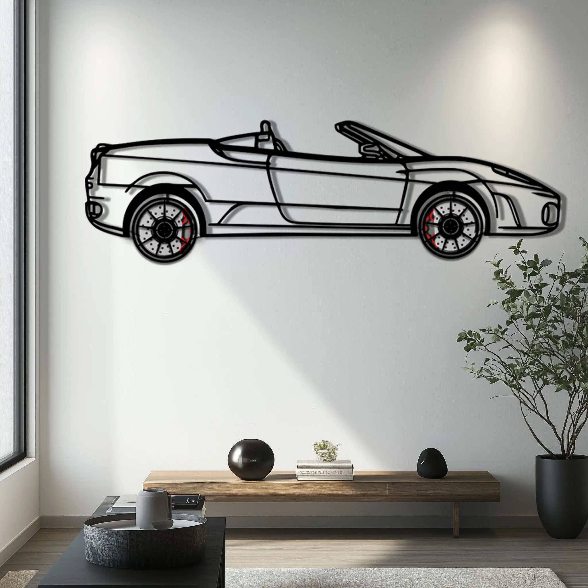 Ferrari F430 Spider Metal Car Wall Art with Rotating Wheels - Italian Convertible Supercar Silhouette - Interactive Automotive Wall Decor - KAFMEKA134 by Enova Art