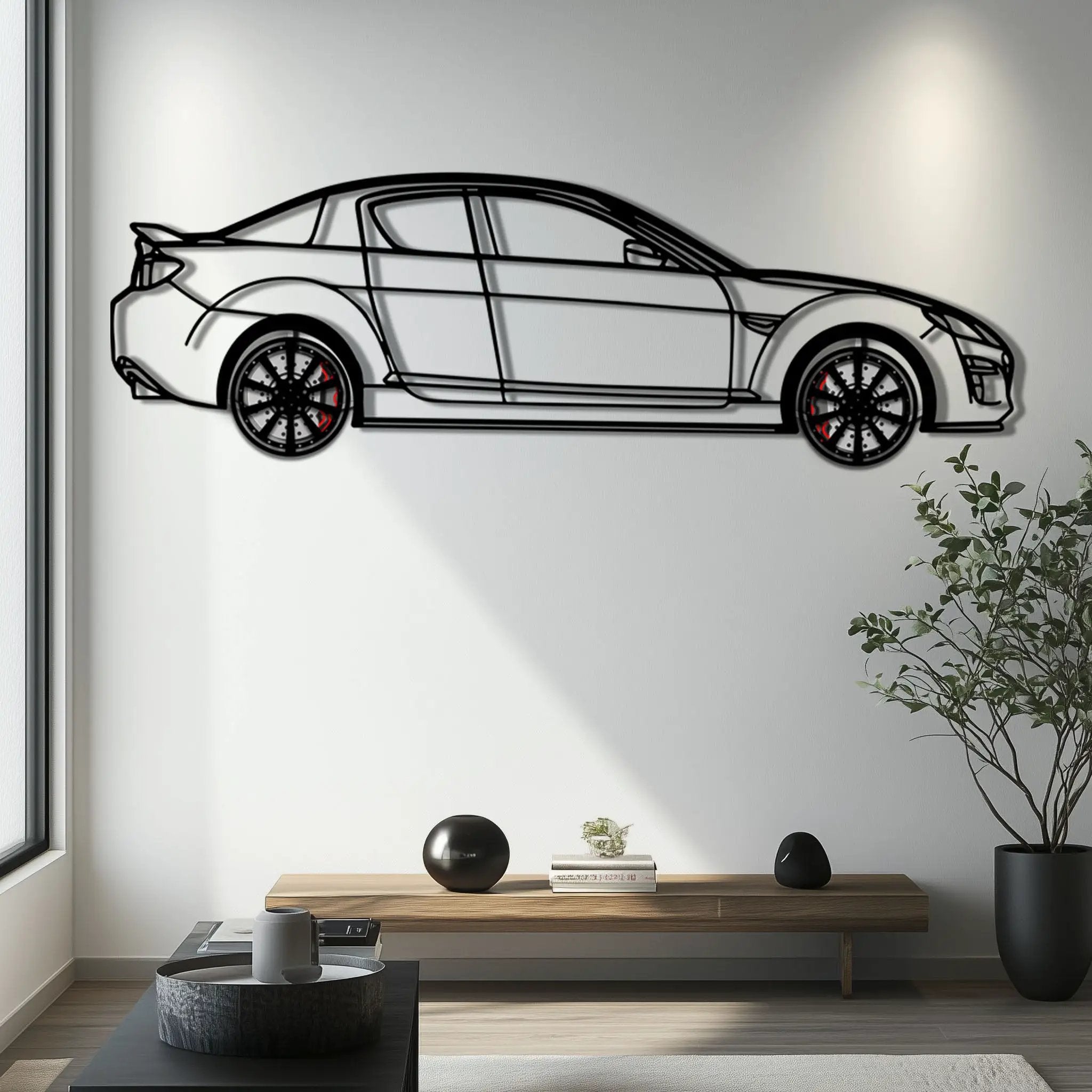 Mazda RX-8 Metal Car Wall Art with Rotating Wheels - Rotary Engine Silhouette - Interactive JDM Automotive Wall Decor - KAFMEKA148 by Enova Art