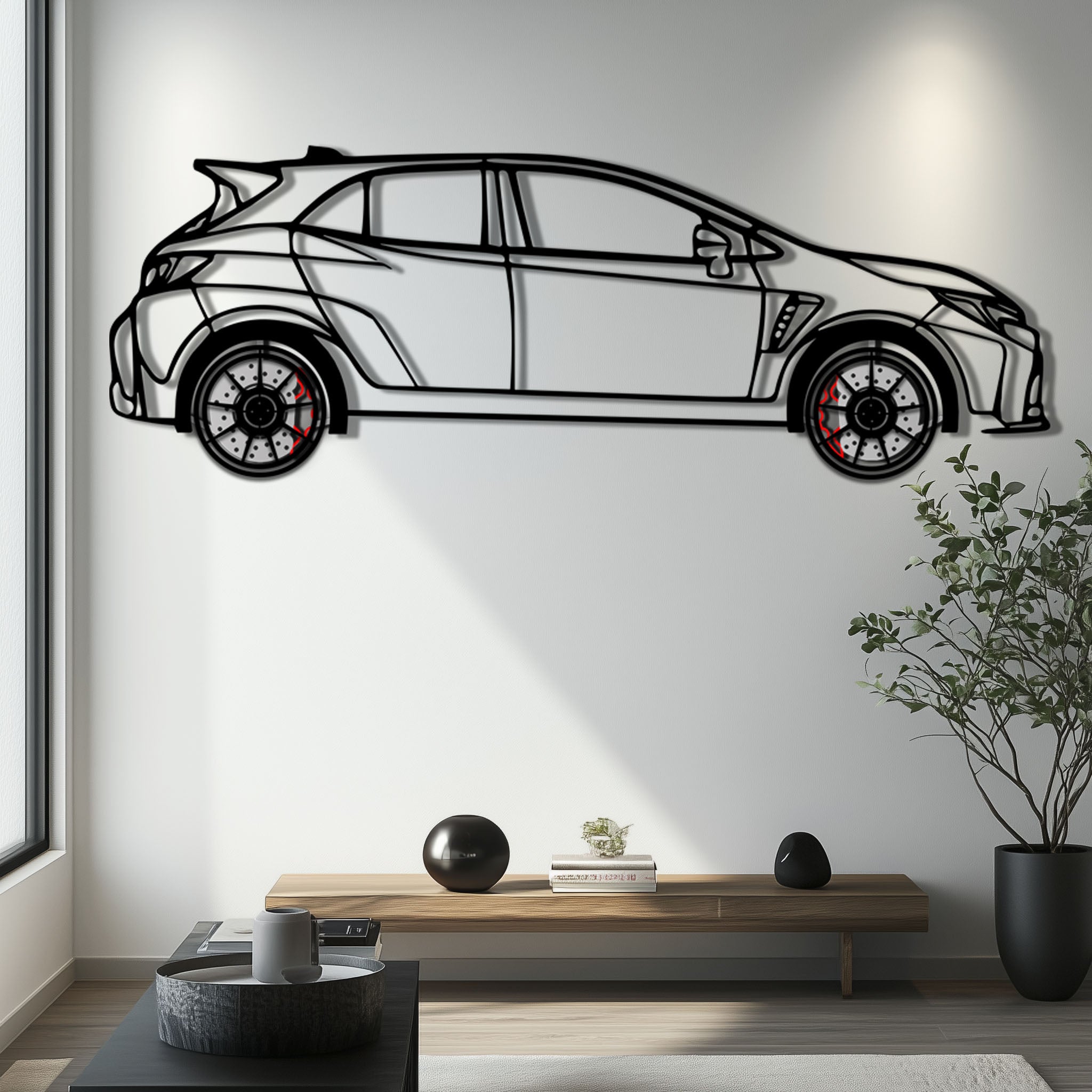 Toyota GR Corolla Metal Car Wall Art with Rotating Wheels - Rally-Inspired Hot Hatch Silhouette - Interactive JDM Automotive Decor - KAFMEKA158 by Enova Art