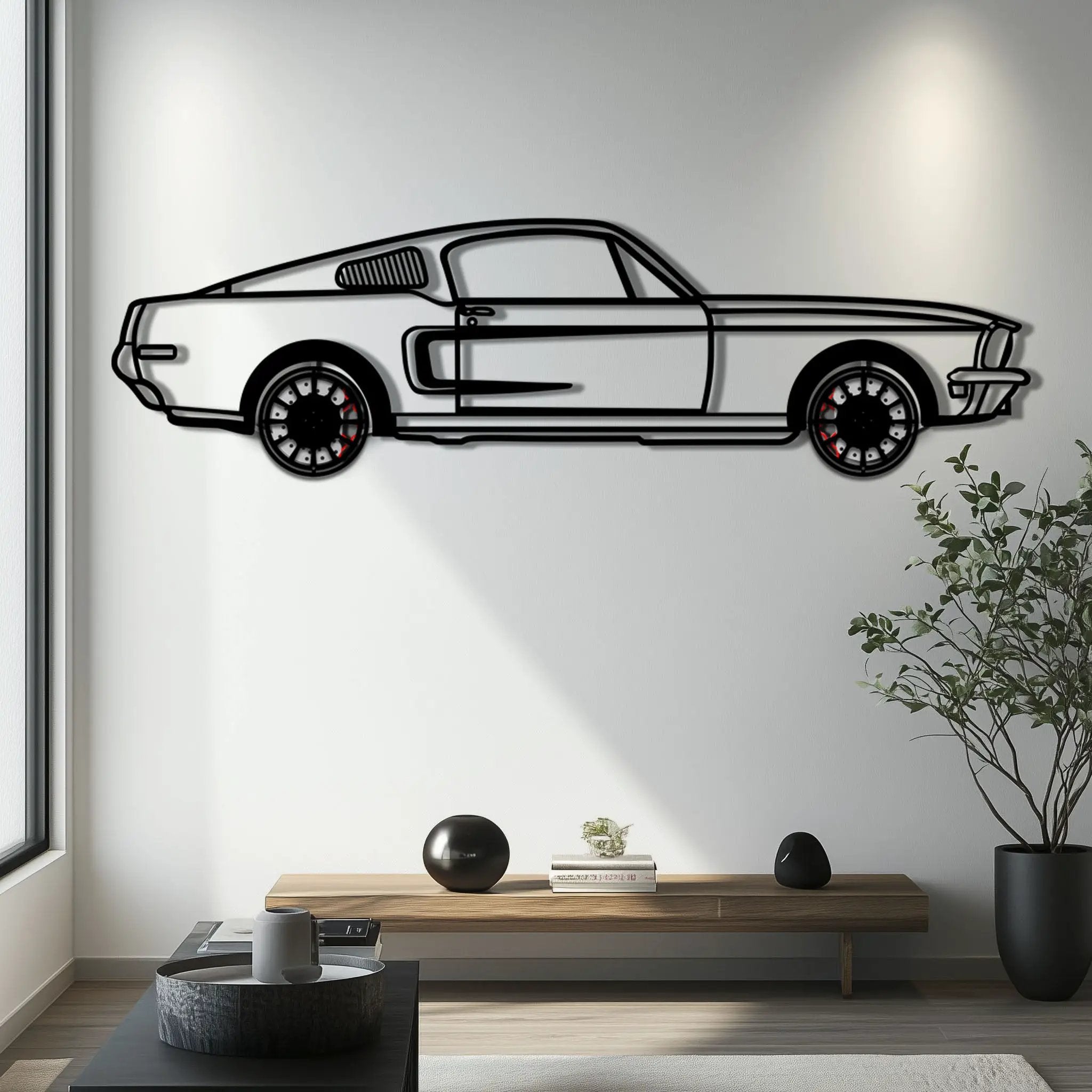 Ford Mustang GT Metal Car Wall Art with Rotating Wheels - Classic American Muscle Silhouette - Interactive Automotive Wall Decor - KAFMEKA137 by Enova Art
