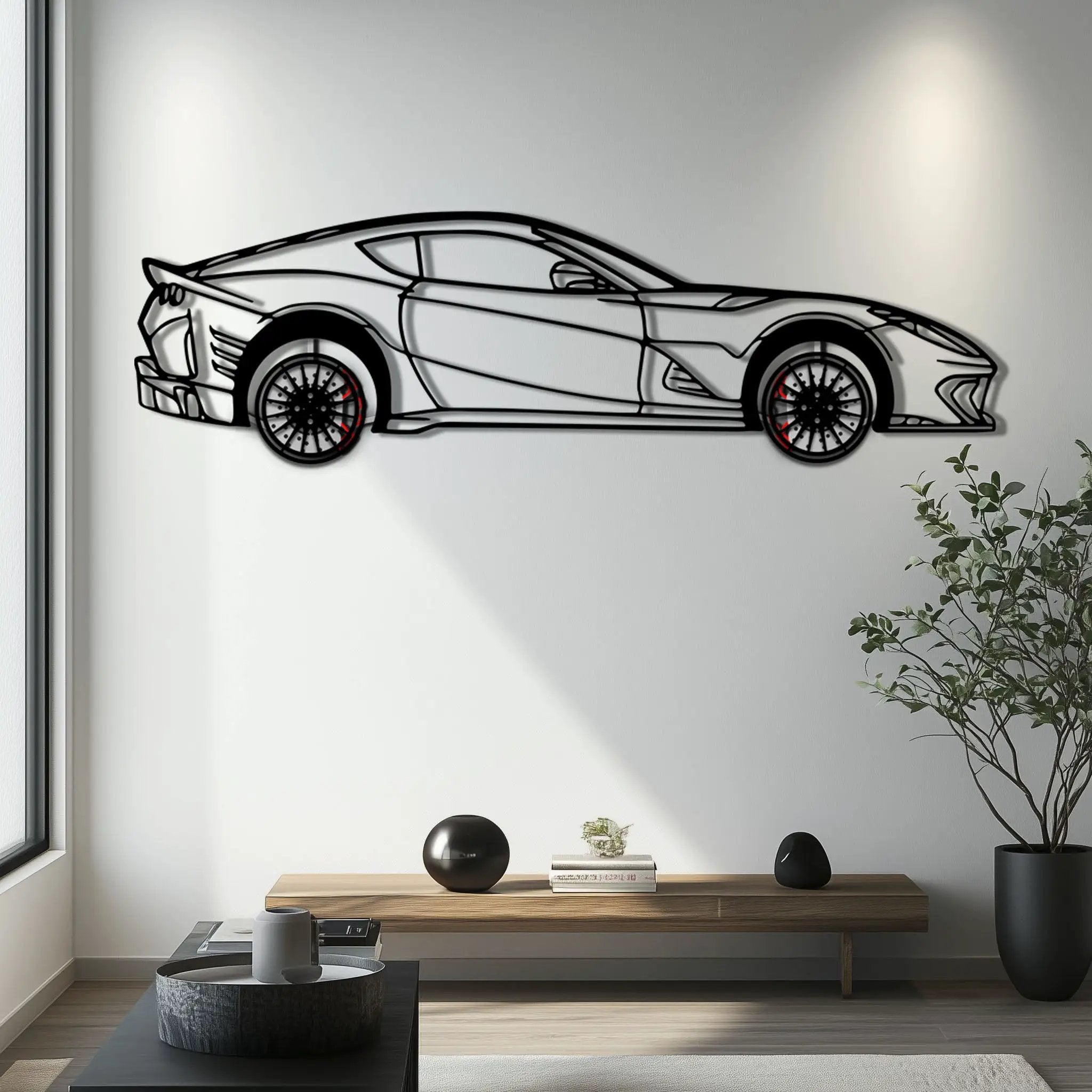Ferrari 812 Superfast / F12 Metal Car Wall Art with Rotating Wheels - V12 Grand Tourer Silhouette - Interactive Automotive Wall Decor - KAFMEKA127 by Enova Art