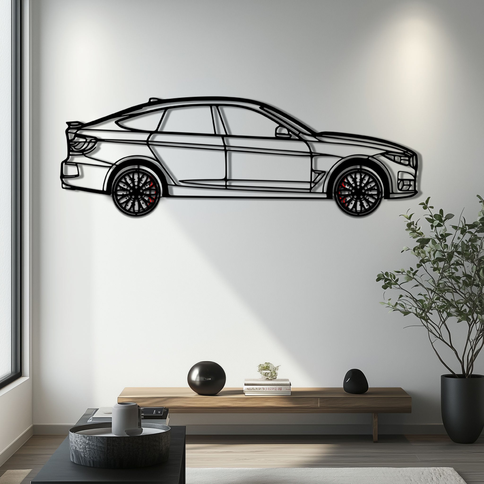 BMW 330 GT F34 Metal Car Wall Art with Rotating Wheels - Gran Turismo Silhouette Decor - Interactive Automotive Wall Art - KAFMEKA103 by Enova Art
