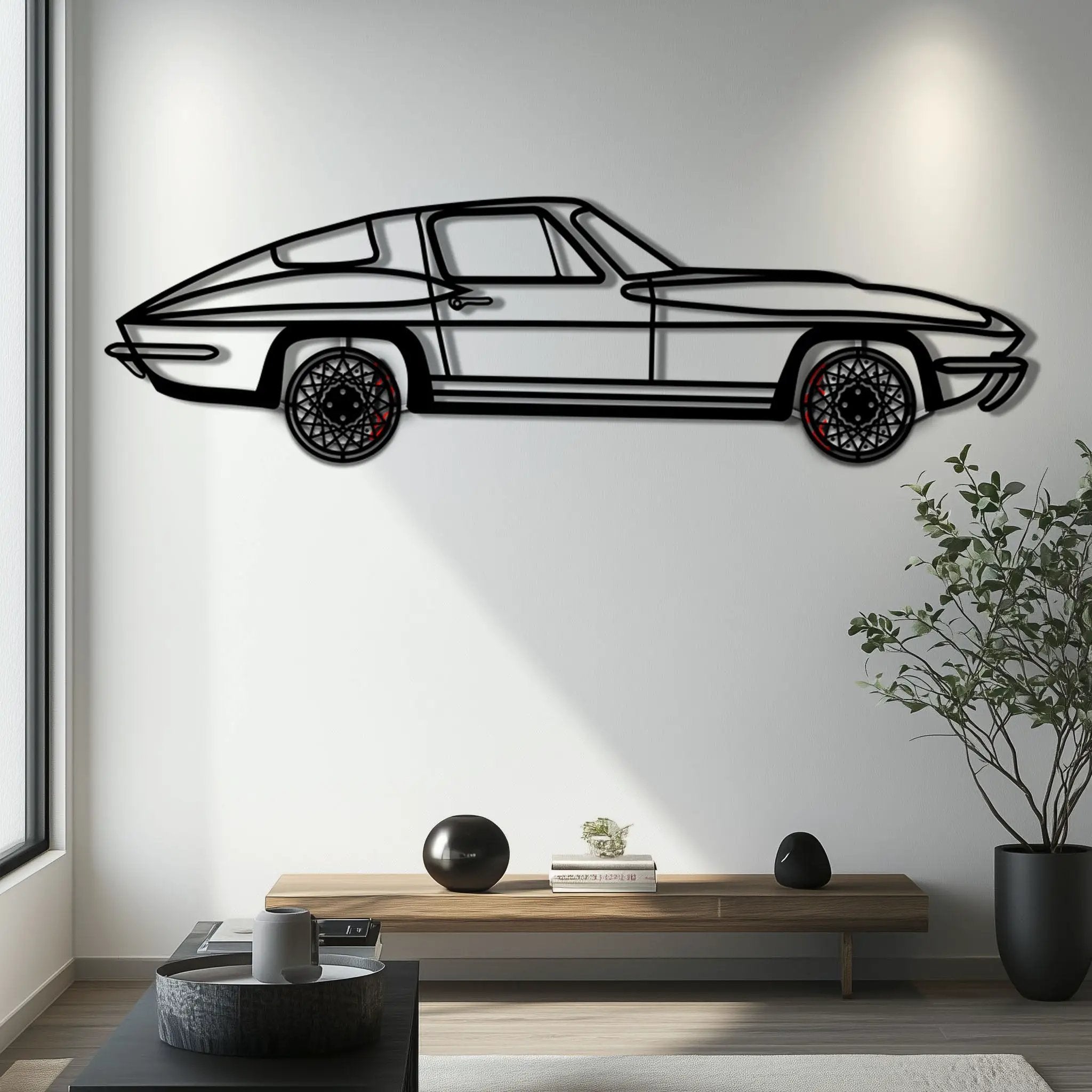 Chevrolet Corvette C3 Stingray Metal Car Wall Art with Rotating Wheels - Classic American Muscle Silhouette - Interactive Automotive Decor - KAFMEKA120 by Enova Art