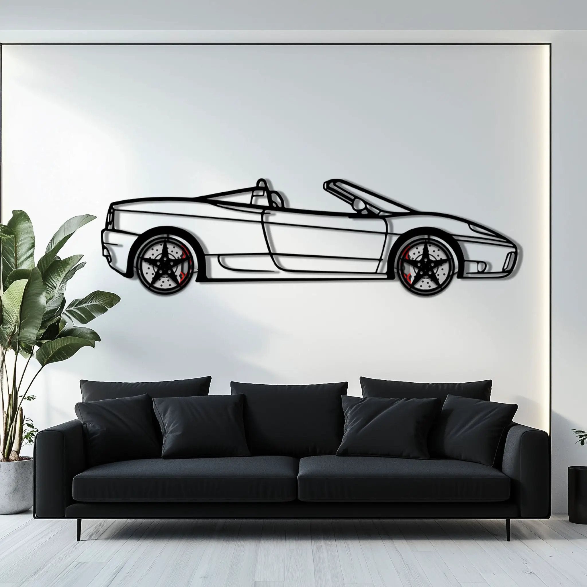 Ferrari 360 Spider Metal Car Wall Art with Rotating Wheels - Italian Convertible Supercar Silhouette - Interactive Automotive Wall Decor - KAFMEKA123 by Enova Art