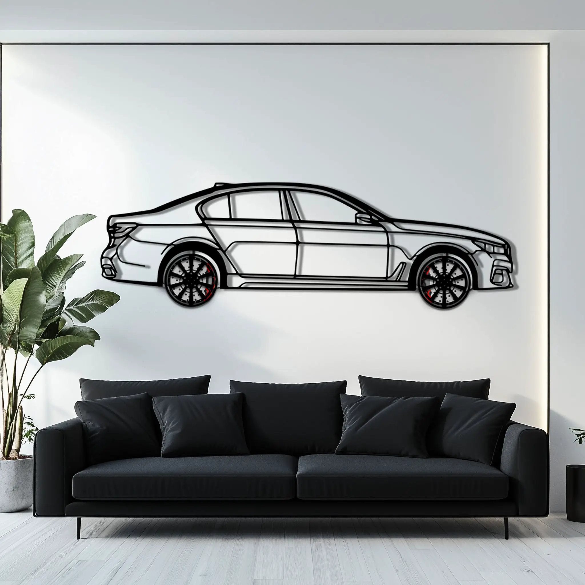BMW 750i Metal Car Wall Art with Rotating Wheels - Luxury Executive Sedan Silhouette - Interactive Automotive Wall Decor - KAFMEKA104 by Enova Art