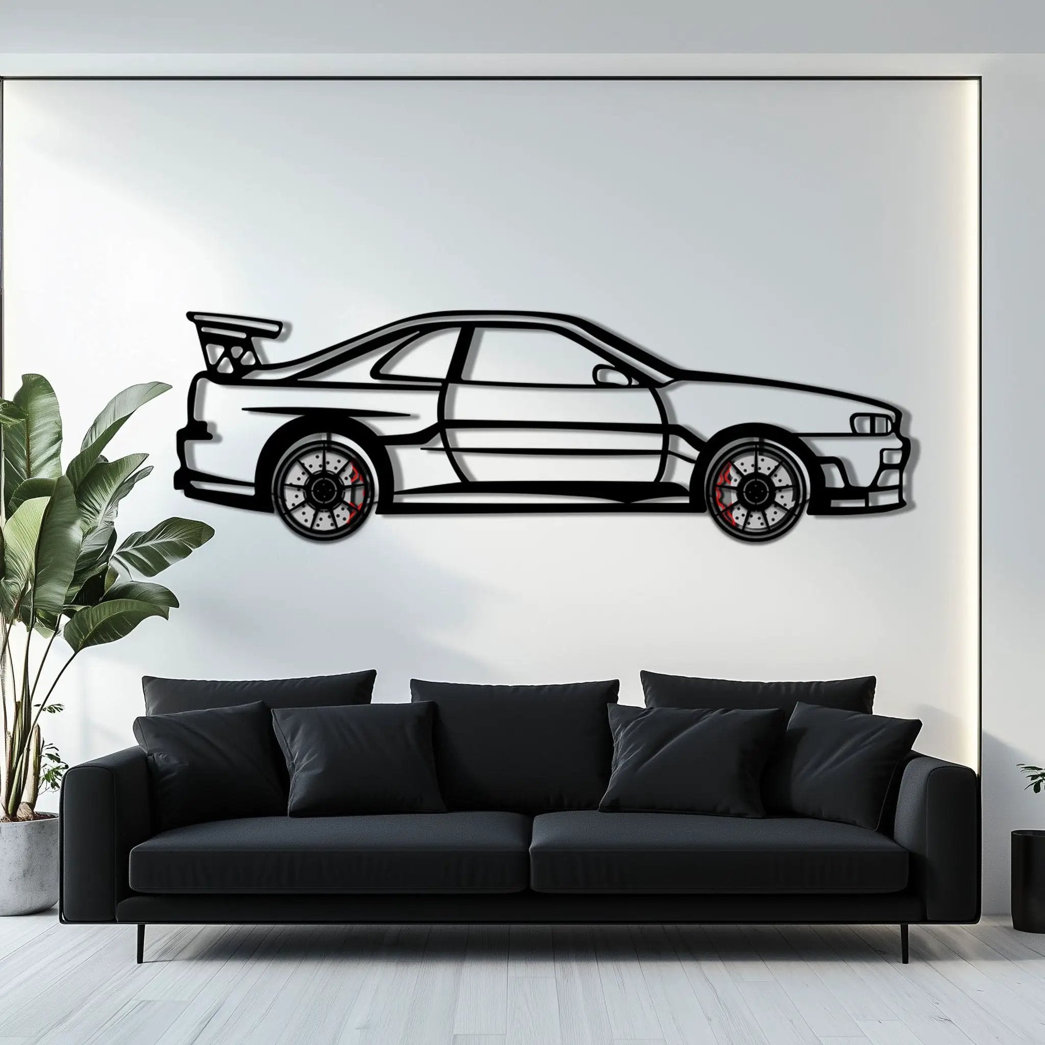 Nissan Skyline GT-R R34 Metal Car Wall Art with Rotating Wheels - "Godzilla" JDM Legend Silhouette - Interactive Automotive Wall Decor - KAFMEKA152 by Enova Art