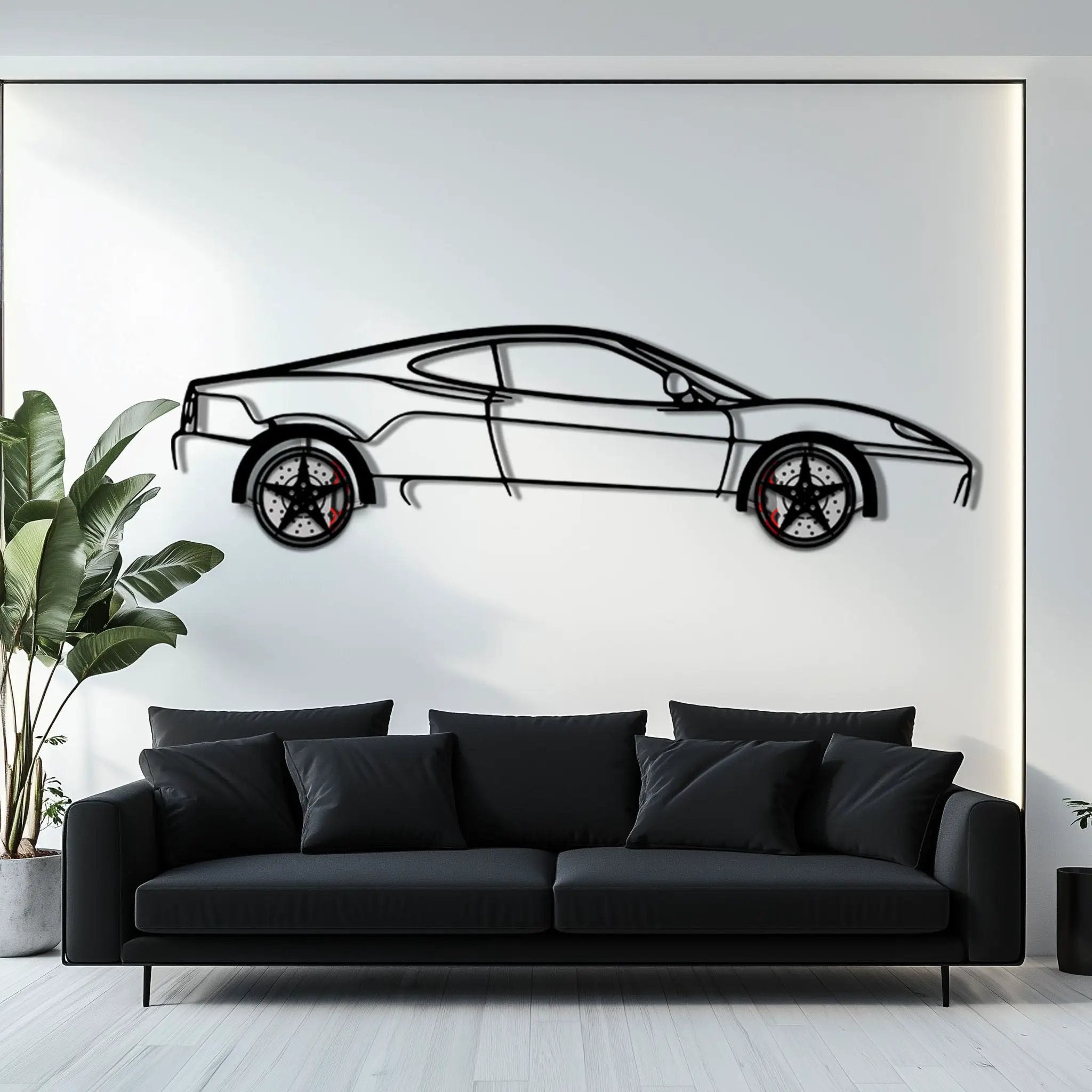 Ferrari 360 Modena Metal Car Wall Art with Rotating Wheels - Italian V8 Supercar Silhouette - Interactive Automotive Decor - KAFMEKA122 by Enova Art