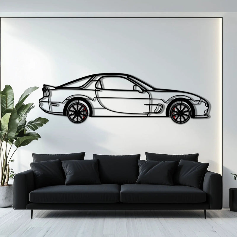 Mazda RX-7 Metal Car Wall Art with Rotating Wheels - FD3S Rotary Legend Silhouette - Interactive Automotive Wall Decor - KAFMEKA147 by Enova Art