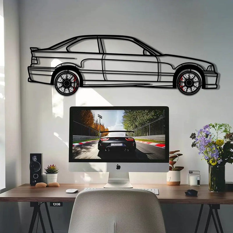 BMW E36 M3 Metal Car Wall Art with Rotating Wheels - 90s Performance Legend Silhouette - Interactive Automotive Wall Decor - KAFMEKA101 by Enova Art