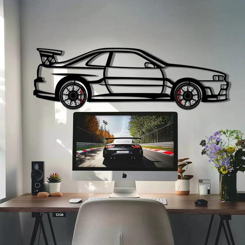 Nissan Skyline GT-R R34 Metal Car Wall Art with Rotating Wheels - "Godzilla" JDM Legend Silhouette - Interactive Automotive Wall Decor - KAFMEKA152 by Enova Art