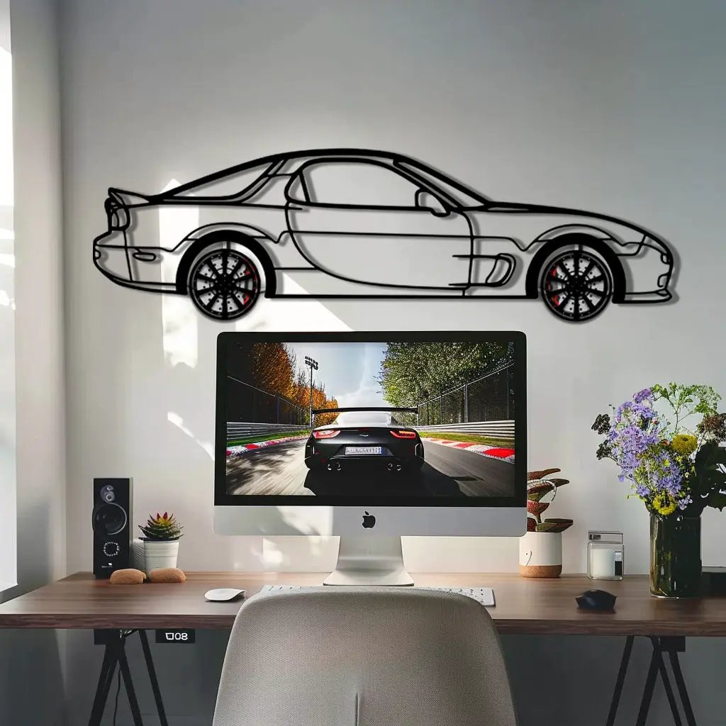 Mazda RX-7 Metal Car Wall Art with Rotating Wheels - FD3S Rotary Legend Silhouette - Interactive Automotive Wall Decor - KAFMEKA147 by Enova Art