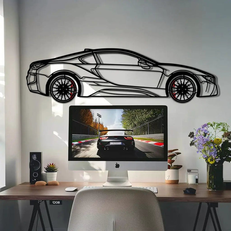 BMW i8 Metal Car Wall Art with Rotating Wheels - Futuristic Hybrid Supercar Silhouette - Interactive Automotive Decor - KAFMEKA106 by Enova Art