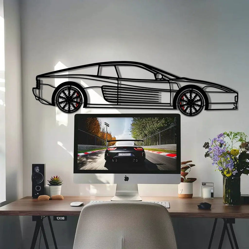 Ferrari Testarossa Metal Car Wall Art with Rotating Wheels - Iconic 80s Supercar Silhouette - Interactive Retro Automotive Decor - KAFMEKA136 by Enova Art