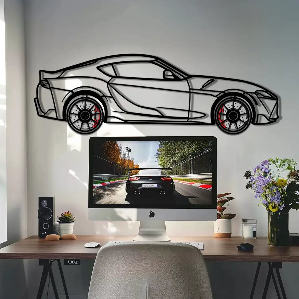 Toyota GR Supra (A90) Metal Car Wall Art with Rotating Wheels - Modern JDM Legend Silhouette - Interactive Automotive Wall Decor - KAFMEKA156 by Enova Art
