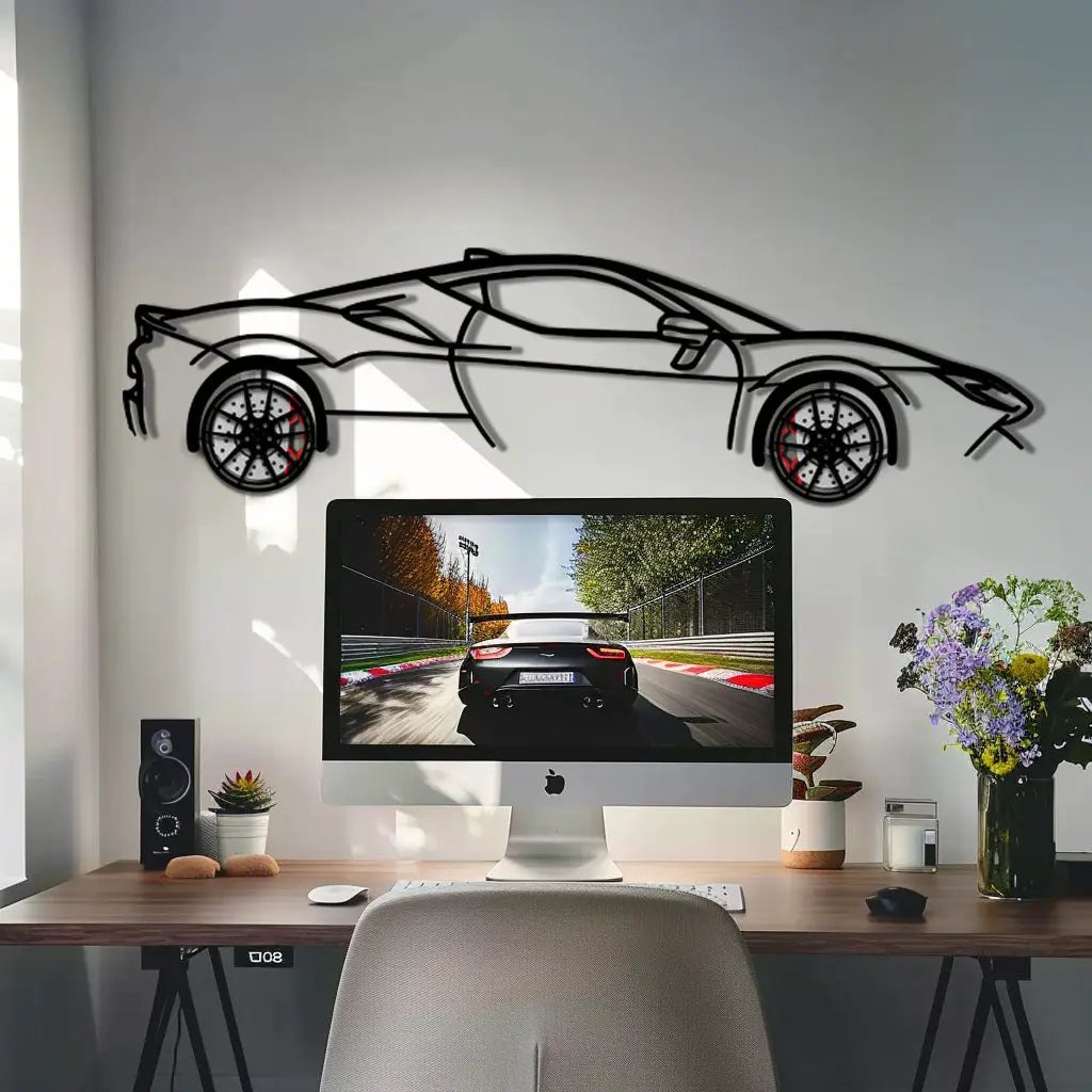 Ferrari SF90 Stradale Metal Car Wall Art with Rotating Wheels - Hybrid Hypercar Silhouette - Interactive Automotive Wall Decor - KAFMEKA135 by Enova Art