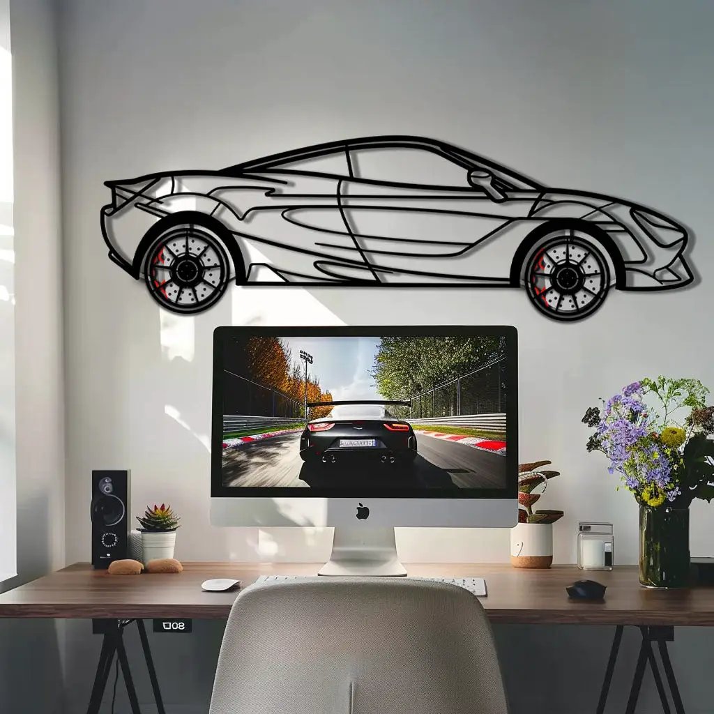 McLaren 720S Metal Car Wall Art with Rotating Wheels - British Supercar Silhouette - Interactive Automotive Wall Decor - KAFMEKA149 by Enova Art