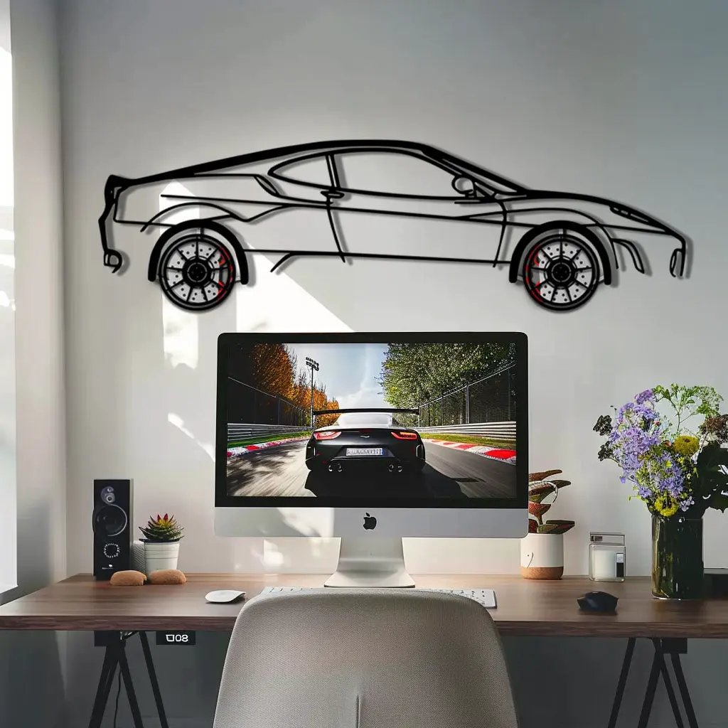 Ferrari F430 Metal Car Wall Art with Rotating Wheels - Italian V8 Supercar Silhouette - Interactive Automotive Wall Decor - KAFMEKA132 by Enova Art