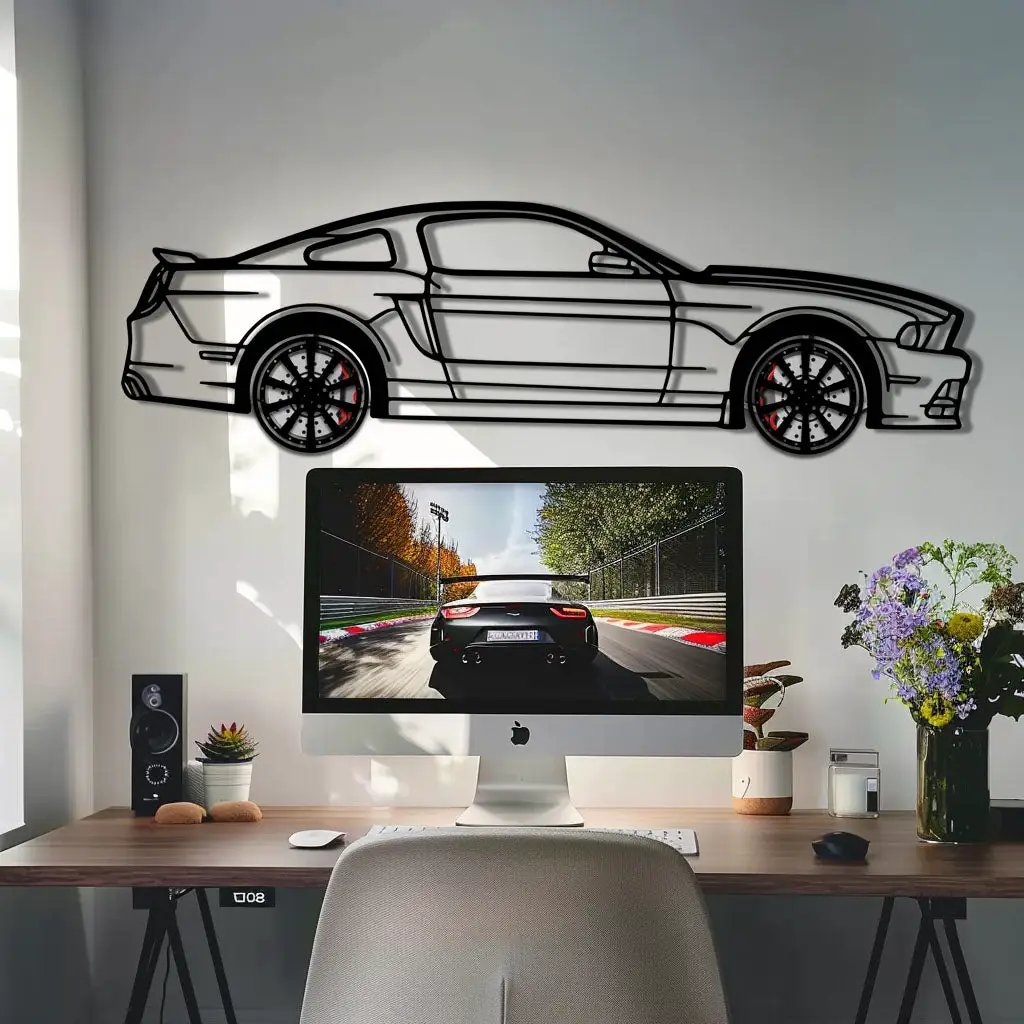 2013 Ford Mustang GT Metal Car Wall Art with Rotating Wheels - S197 Modern Muscle Silhouette - Interactive Automotive Wall Decor- KAFMEKA141 by Enova Art