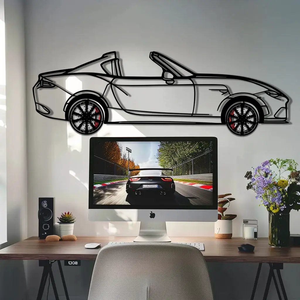 Mazda MX-5 RF Metal Car Wall Art with Rotating Wheels - JDM Roadster Silhouette - Interactive Automotive Wall Decor - KAFMEKA146 by Enova Art