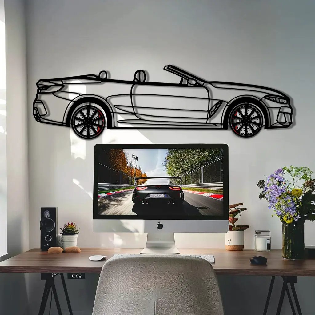 BMW 850i Metal Car Wall Art with Rotating Wheels - Luxury Grand Tourer Silhouette - Interactive Automotive Wall Decor - KAFMEKA105 by Enova Art