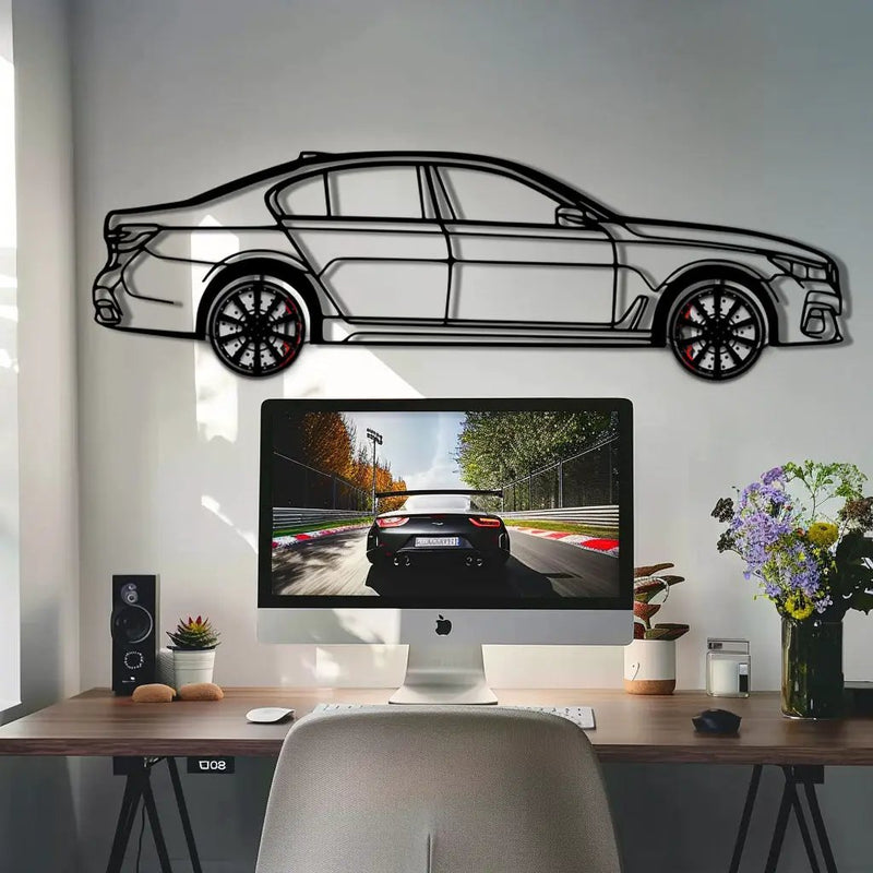 BMW 750i Metal Car Wall Art with Rotating Wheels - Luxury Executive Sedan Silhouette - Interactive Automotive Wall Decor - KAFMEKA104 by Enova Art