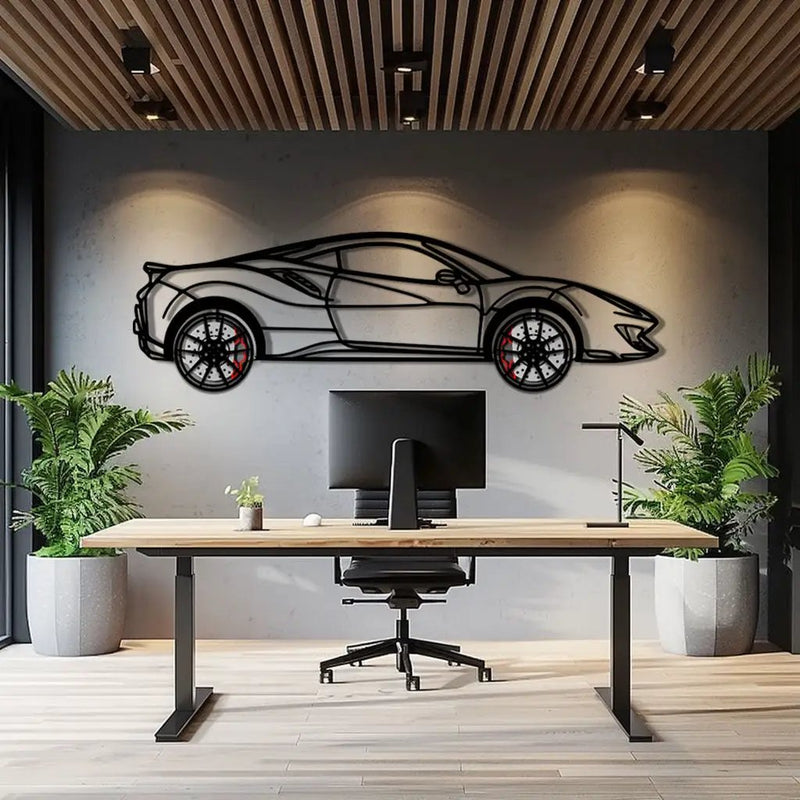 Ferrari 488 Pista Metal Car Wall Art with Rotating Wheels - Track-Focused Italian V8 Silhouette - Interactive Automotive Wall Decor - KAFMEKA128 by Enova Art