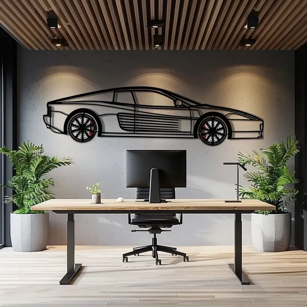 Ferrari Testarossa Metal Car Wall Art with Rotating Wheels - Iconic 80s Supercar Silhouette - Interactive Retro Automotive Decor - KAFMEKA136 by Enova Art
