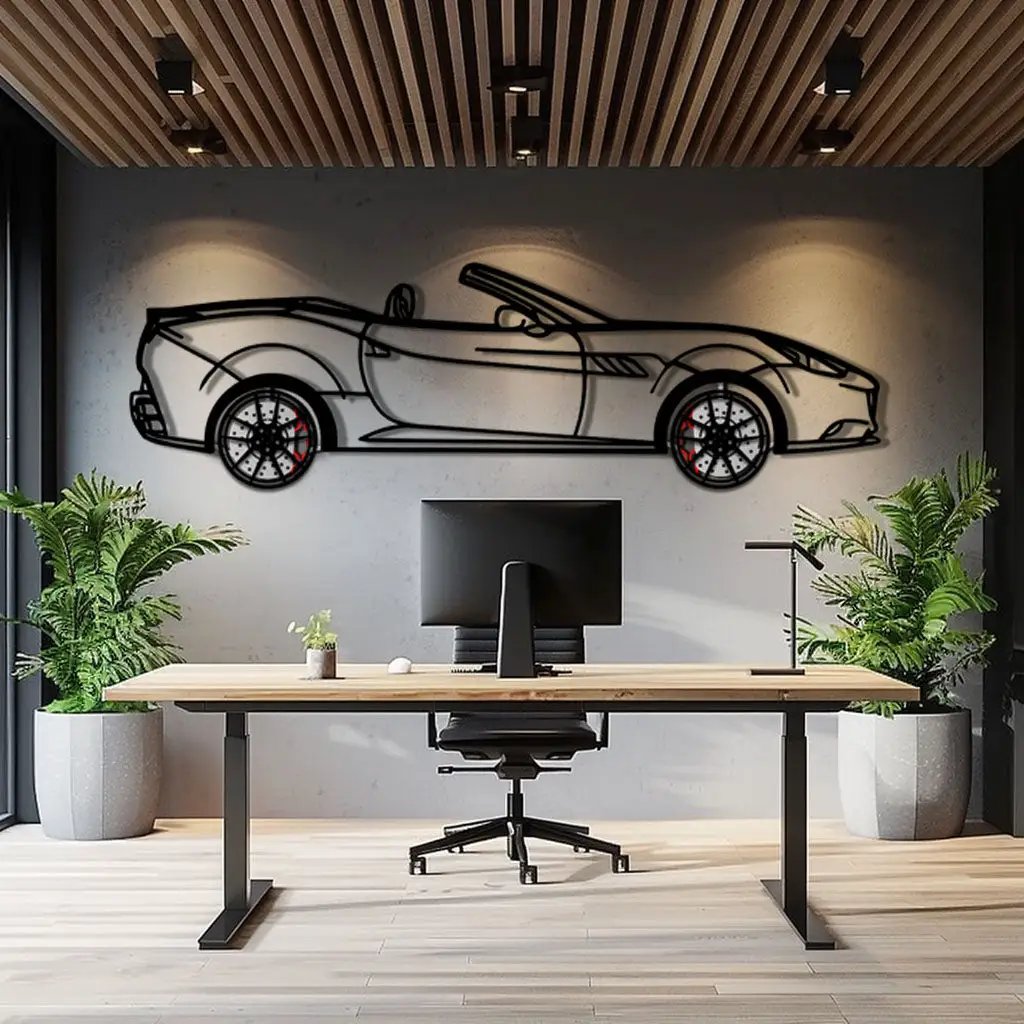Ferrari California Metal Car Wall Art with Rotating Wheels - Italian V8 Grand Tourer Silhouette - Interactive Automotive Wall Decor - KAFMEKA130 by Enova Art