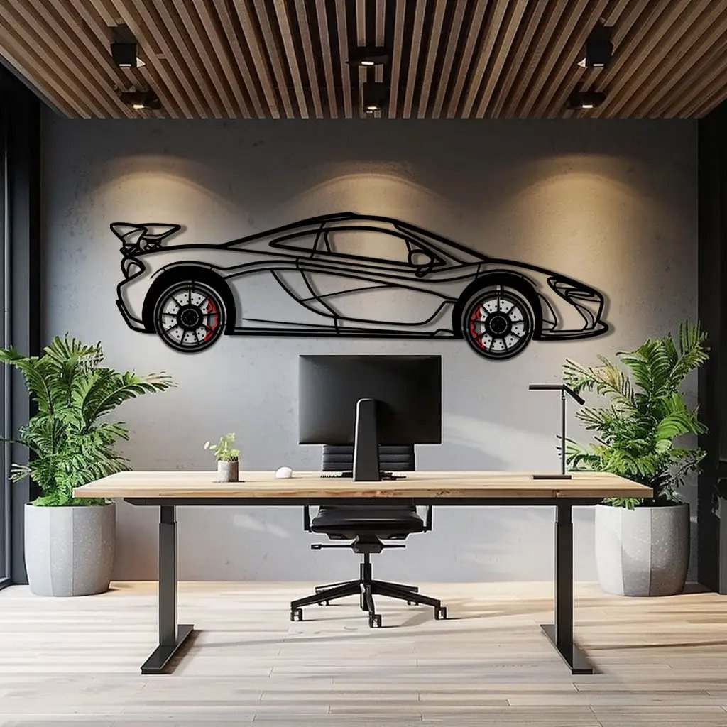 McLaren P1 Metal Car Wall Art with Rotating Wheels - Ultimate Hybrid Hypercar Silhouette - Interactive Automotive Wall Decor - KAFMEKA150 by Enova Art