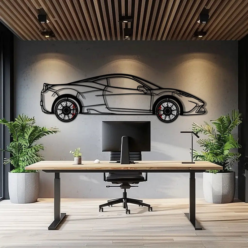Ferrari 458 Speciale Metal Car Wall Art with Rotating Wheels - Track-Focused V8 Silhouette - Interactive Automotive Wall Decor - KAFMEKA125 by Enova Art