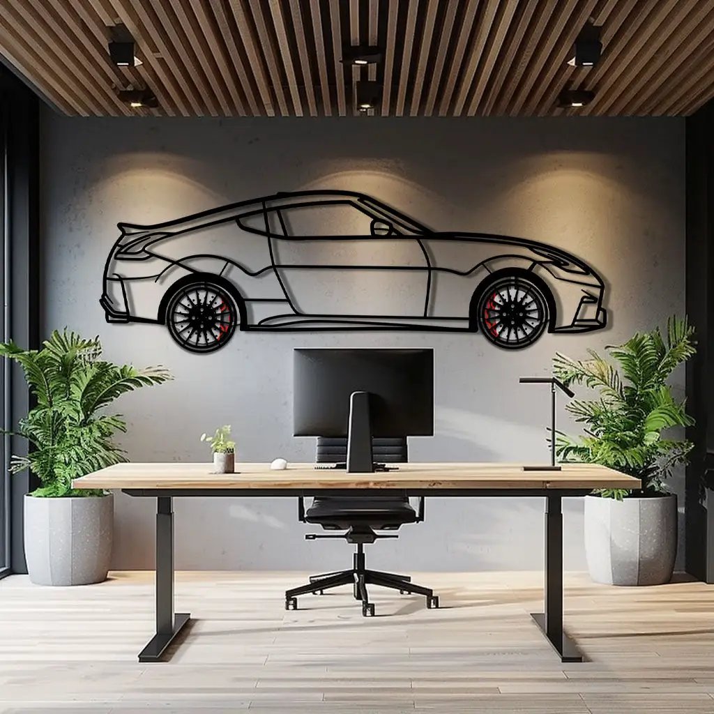 Nissan 350Z Metal Car Wall Art with Rotating Wheels - JDM Fairlady Z33 Silhouette - Interactive Automotive Wall Decor - KAFMEKA153 by Enova Art