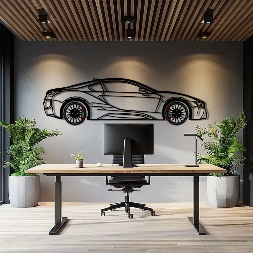 BMW i8 Metal Car Wall Art with Rotating Wheels - Futuristic Hybrid Supercar Silhouette - Interactive Automotive Decor - KAFMEKA106 by Enova Art