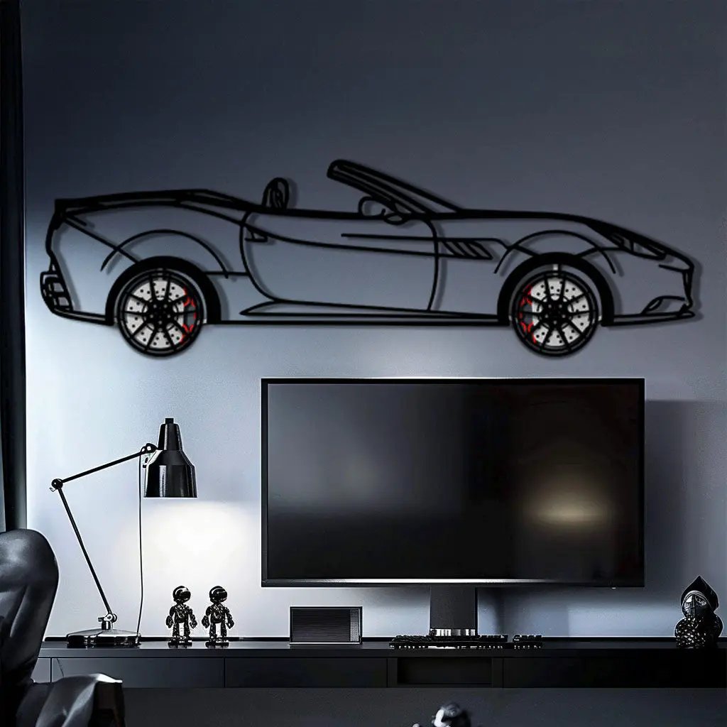 Ferrari California Metal Car Wall Art with Rotating Wheels - Italian V8 Grand Tourer Silhouette - Interactive Automotive Wall Decor - KAFMEKA130 by Enova Art