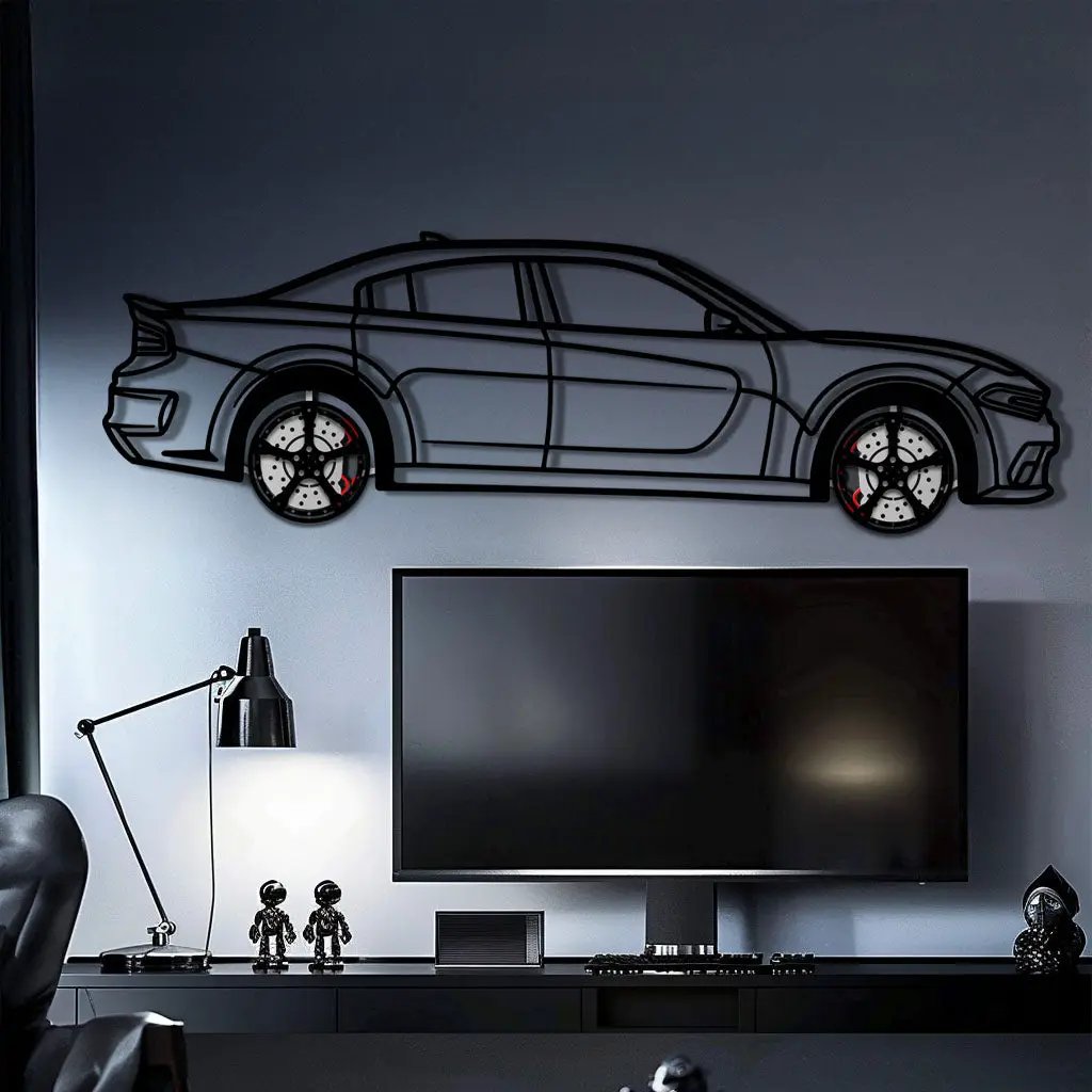 Dodge Charger SRT Metal Car Wall Art with Rotating Wheels - Modern American Muscle Silhouette - Interactive Automotive Wall Decor - KAFMEKA121 by Enova Art