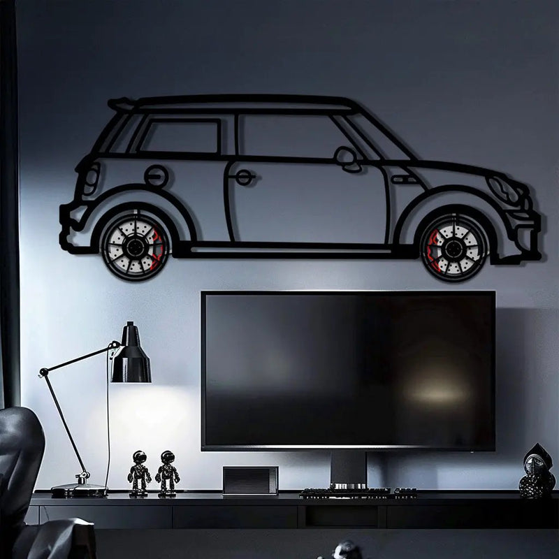 Mini Cooper Metal Car Wall Art with Rotating Wheels - Iconic British Compact Silhouette - Interactive Automotive Wall Decor - KAFMEKA151 by Enova Art