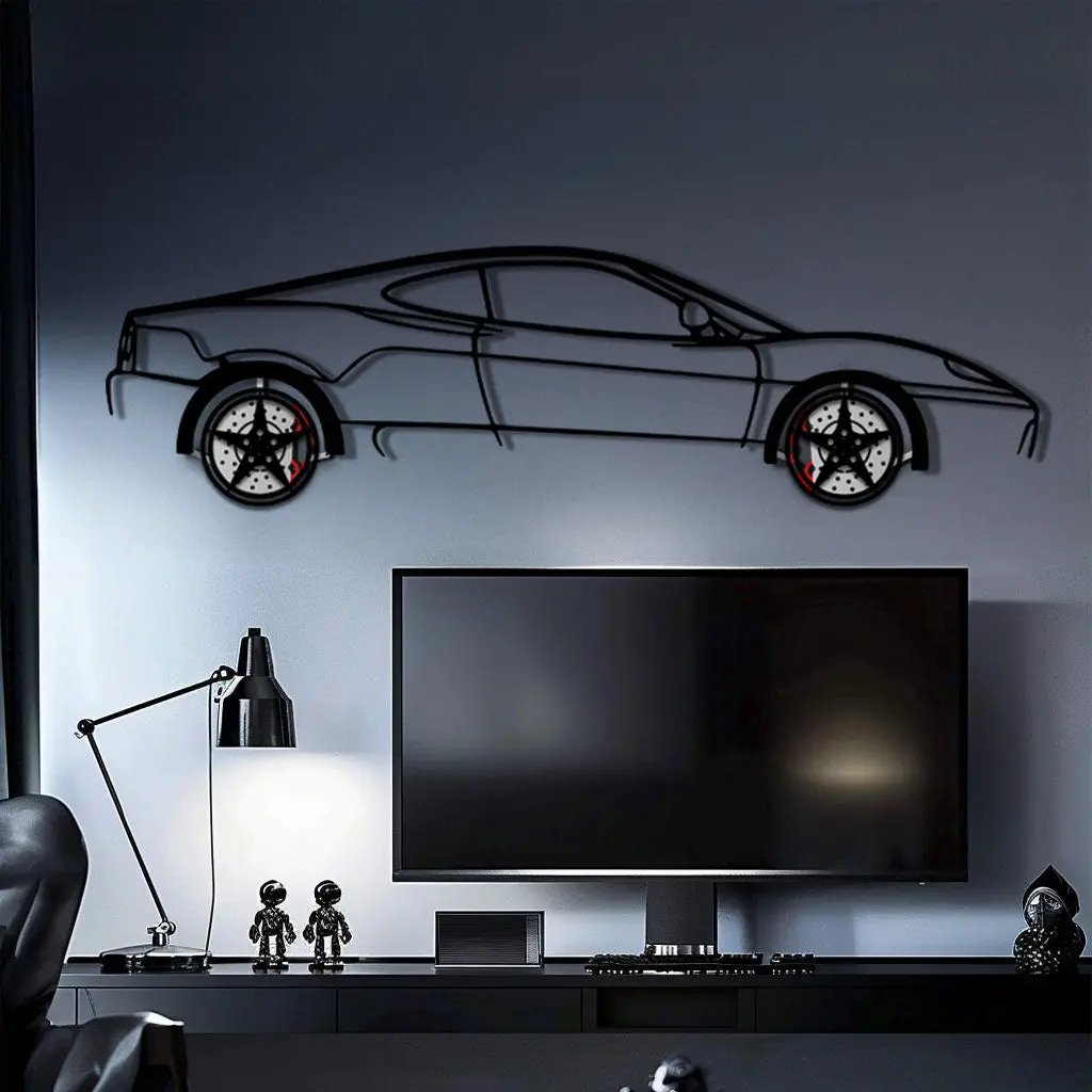 Ferrari 360 Modena Metal Car Wall Art with Rotating Wheels - Italian V8 Supercar Silhouette - Interactive Automotive Decor - KAFMEKA122 by Enova Art