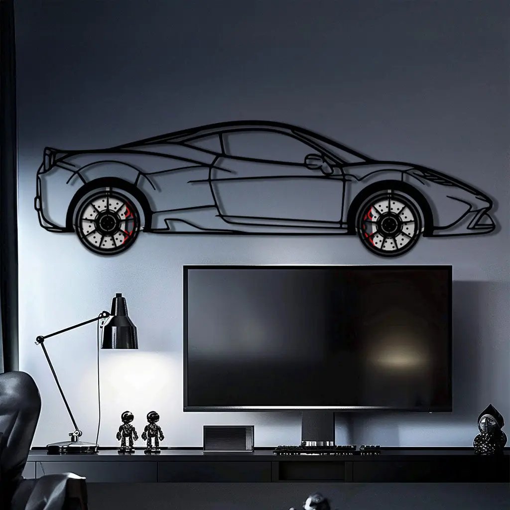 Ferrari 458 Speciale Metal Car Wall Art with Rotating Wheels - Track-Focused V8 Silhouette - Interactive Automotive Wall Decor - KAFMEKA125 by Enova Art