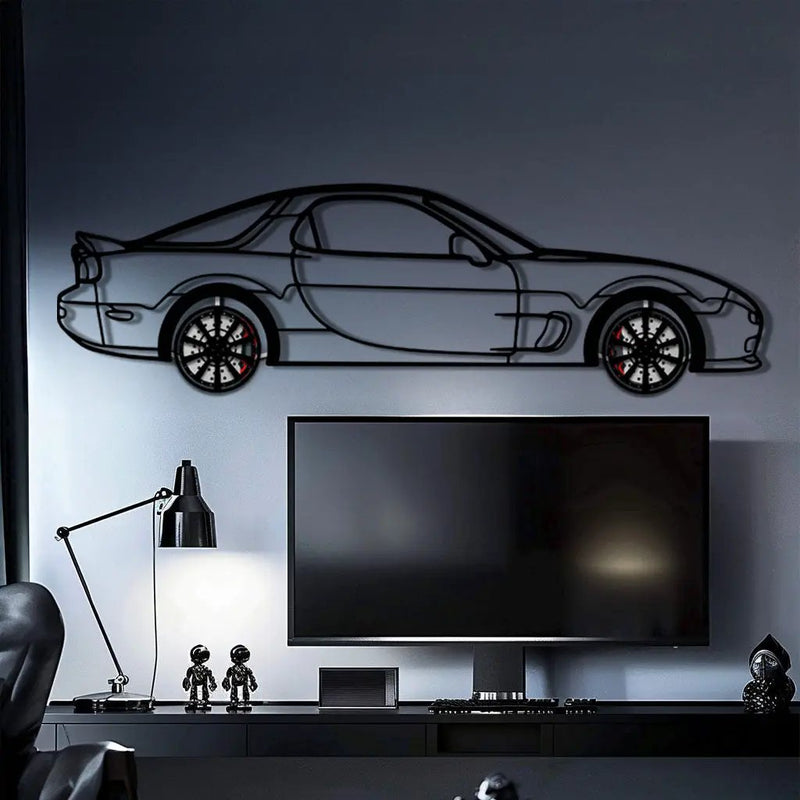 Mazda RX-7 Metal Car Wall Art with Rotating Wheels - FD3S Rotary Legend Silhouette - Interactive Automotive Wall Decor - KAFMEKA147 by Enova Art