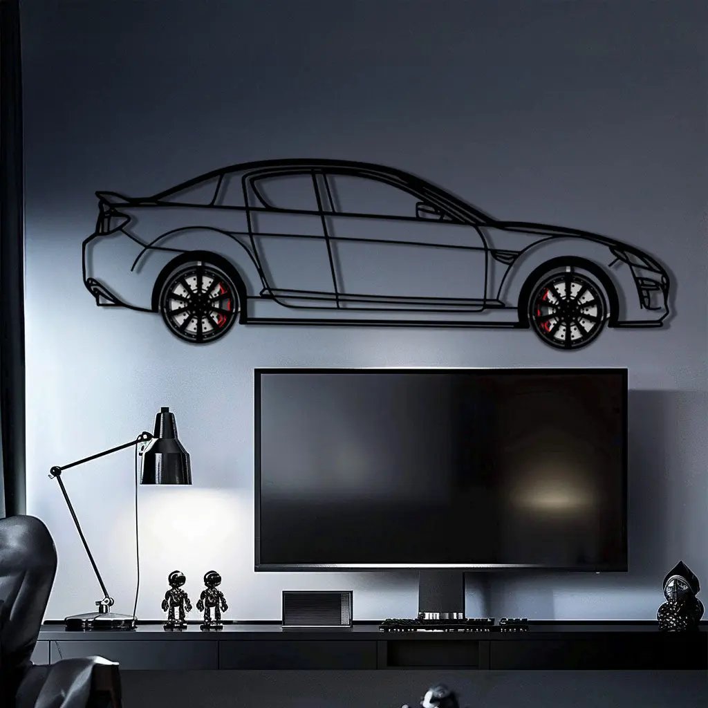 Mazda RX-8 Metal Car Wall Art with Rotating Wheels - Rotary Engine Silhouette - Interactive JDM Automotive Wall Decor - KAFMEKA148 by Enova Art