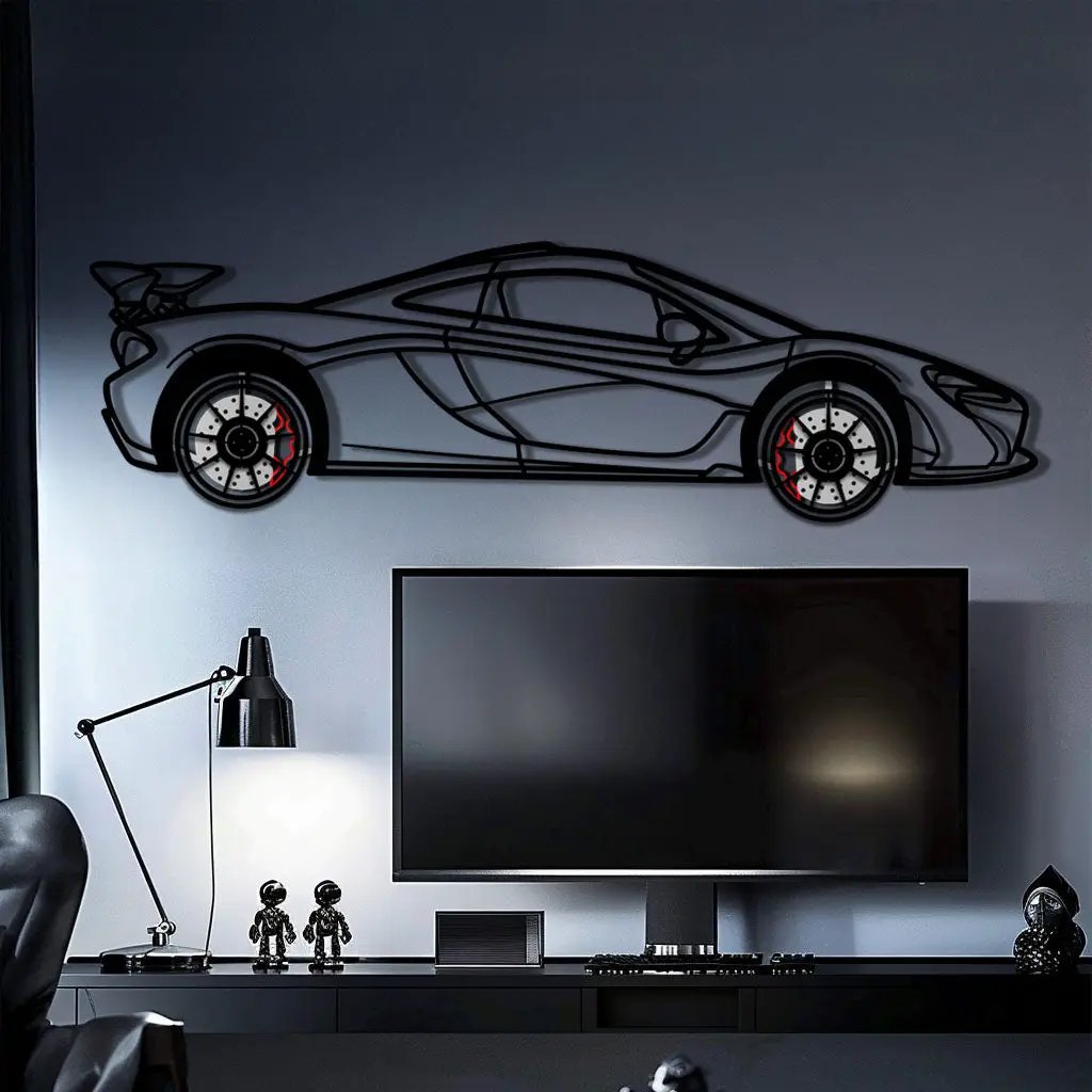 McLaren P1 Metal Car Wall Art with Rotating Wheels - Ultimate Hybrid Hypercar Silhouette - Interactive Automotive Wall Decor - KAFMEKA150 by Enova Art